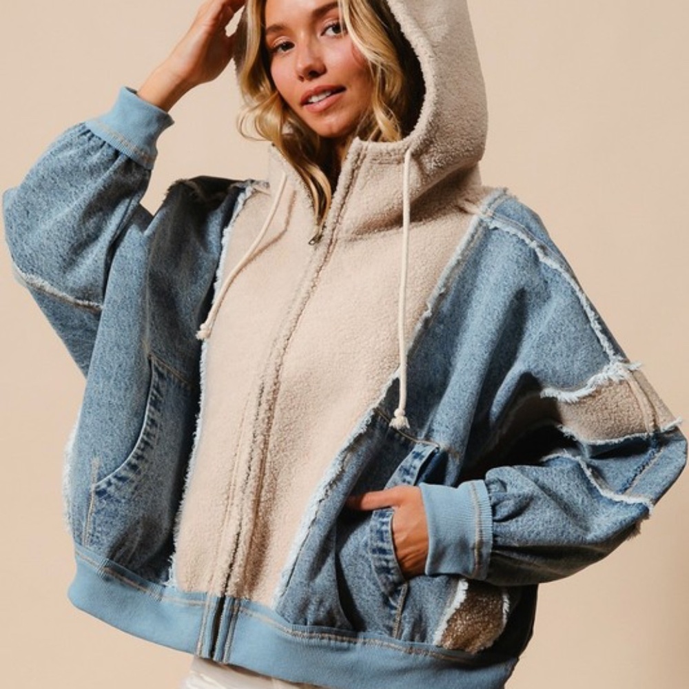BiBi Two-Tone Blue and Cream Zip-Up Hoodie Cardigan - Picture 4 of 7